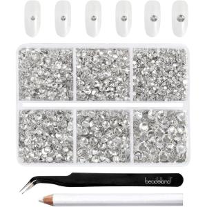 imageBeadsland 4300pcs Flatback RhinestonesGray Rhinestone Nail Gems Round Crystal Rhinestones for CraftsMixed 6 Sizes with Picking Tweezers and Wax Pencil Kit SS6SS20Black DiamondCrystal