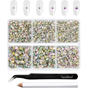 imageBeadsland 4300pcs Flatback RhinestonesGray Rhinestone Nail Gems Round Crystal Rhinestones for CraftsMixed 6 Sizes with Picking Tweezers and Wax Pencil Kit SS6SS20Black DiamondCrystalAB