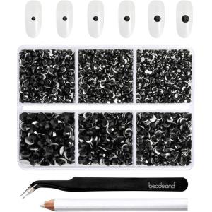 imageBeadsland 4300pcs Flatback RhinestonesGray Rhinestone Nail Gems Round Crystal Rhinestones for CraftsMixed 6 Sizes with Picking Tweezers and Wax Pencil Kit SS6SS20Black DiamondJet Black