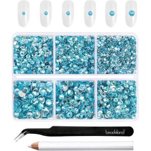imageBeadsland 4300pcs Flatback RhinestonesGray Rhinestone Nail Gems Round Crystal Rhinestones for CraftsMixed 6 Sizes with Picking Tweezers and Wax Pencil Kit SS6SS20Black DiamondAquamarine