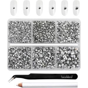 imageBeadsland 4300pcs Flatback RhinestonesGray Rhinestone Nail Gems Round Crystal Rhinestones for CraftsMixed 6 Sizes with Picking Tweezers and Wax Pencil Kit SS6SS20Black DiamondSilver Hematite