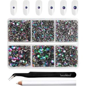 imageBeadsland 4300pcs Flatback RhinestonesGray Rhinestone Nail Gems Round Crystal Rhinestones for CraftsMixed 6 Sizes with Picking Tweezers and Wax Pencil Kit SS6SS20Black DiamondGreen Volcano