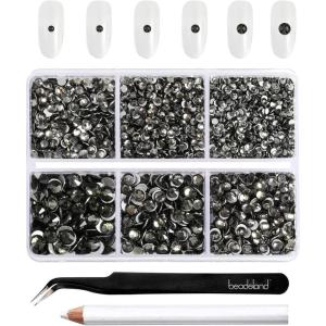 imageBeadsland 4300pcs Flatback RhinestonesGray Rhinestone Nail Gems Round Crystal Rhinestones for CraftsMixed 6 Sizes with Picking Tweezers and Wax Pencil Kit SS6SS20Black DiamondBlack Diamond