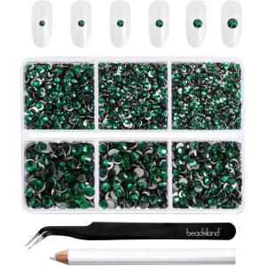 imageBeadsland 4300pcs Flatback RhinestonesGray Rhinestone Nail Gems Round Crystal Rhinestones for CraftsMixed 6 Sizes with Picking Tweezers and Wax Pencil Kit SS6SS20Black DiamondEmerald