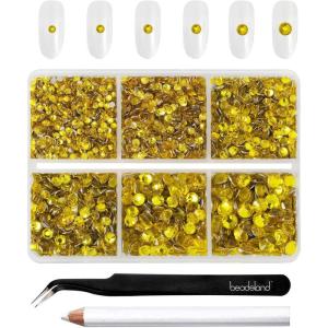 imageBeadsland 4300pcs Flatback RhinestonesGray Rhinestone Nail Gems Round Crystal Rhinestones for CraftsMixed 6 Sizes with Picking Tweezers and Wax Pencil Kit SS6SS20Black DiamondCitrimeLemon Yellow