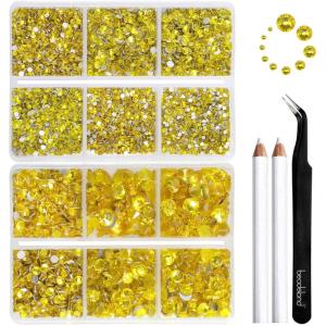 imageBeadsland 8300PCS Flatback Rhinestones AB Crystal Rhinestone Round Crystal Rhinestones for Crafts Mixed 10 Sizes with Wax Pencil and Tweezer Kit SS3SS30 Crystal ABLemon Yellow