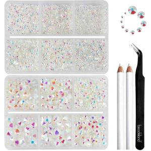 imageBeadsland 8300PCS Flatback Rhinestones AB Crystal Rhinestone Round Crystal Rhinestones for Crafts Mixed 10 Sizes with Wax Pencil and Tweezer Kit SS3SS30 Crystal ABTransparent AB
