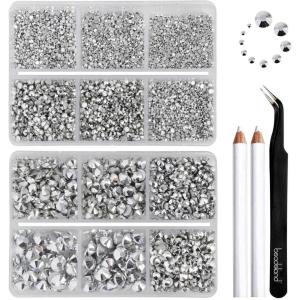 imageBeadsland 8300PCS Flatback Rhinestones AB Crystal Rhinestone Round Crystal Rhinestones for Crafts Mixed 10 Sizes with Wax Pencil and Tweezer Kit SS3SS30 Crystal ABSilver Hematite