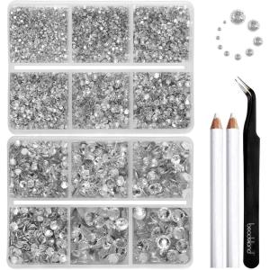 imageBeadsland 8300PCS Flatback Rhinestones AB Crystal Rhinestone Round Crystal Rhinestones for Crafts Mixed 10 Sizes with Wax Pencil and Tweezer Kit SS3SS30 Crystal ABcrystal