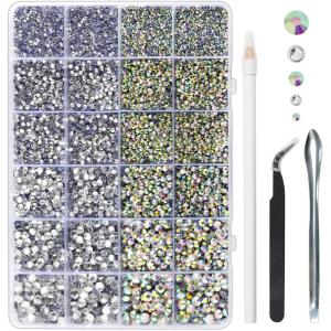 imageHotfix Rhinestones Multi Sizes Kit 14400 pcs Heat Fix Rhinestone for Bedazzling Clothes Crafts Mixed 5 Sizes with Wax Pencil Tweezers and Spoon SS6SS30 Clear AB and CrystalClear AB and Crystal