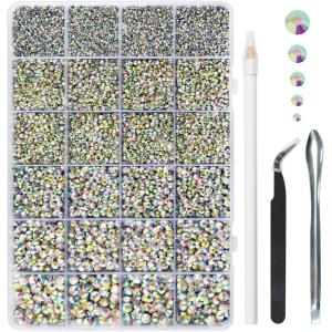 imageHotfix Rhinestones Multi Sizes Kit 14400 pcs Heat Fix Rhinestone for Bedazzling Clothes Crafts Mixed 5 Sizes with Wax Pencil Tweezers and Spoon SS6SS30 Clear AB and CrystalClear AB
