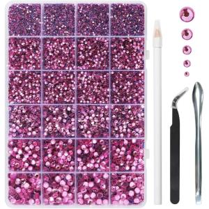 imageHotfix Rhinestones Multi Sizes Kit 14400 pcs Heat Fix Rhinestone for Bedazzling Clothes Crafts Mixed 5 Sizes with Wax Pencil Tweezers and Spoon SS6SS30 Clear AB and CrystalDark Pink